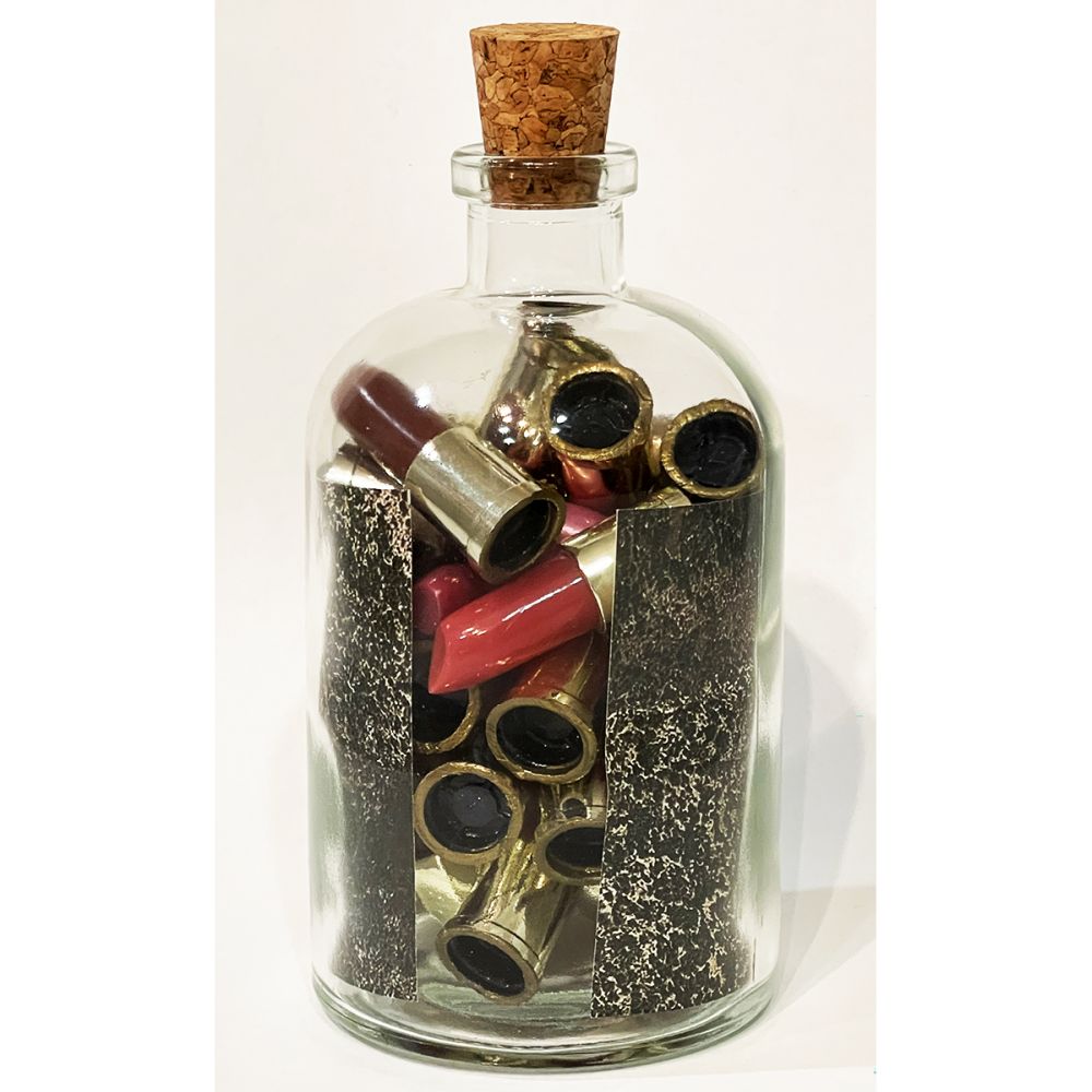 <br/>Diamond Ace Praetorian back, 10/10/2025<br/>Apx 6½" x 3" x 3"<br/>glass, paper, ink, cork, plastic and acrylic